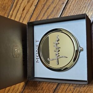 Monet Compact Double Mirror Gold Tone Crystal Faith